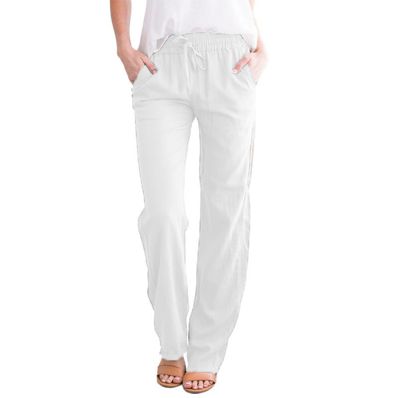 Pantalon décontracté ample en coton et lin de couleur unie pour femme avec cordon de serrage