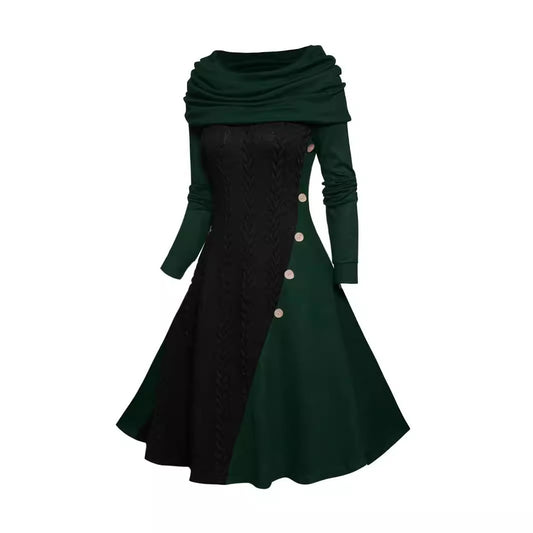 Long Sleeve Knitted Stitching Dress Button Scarf Neck Dresses