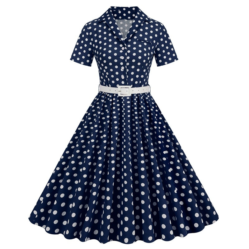 Women's Polka Dot Stitching Belt Sleeve Dress Dresses