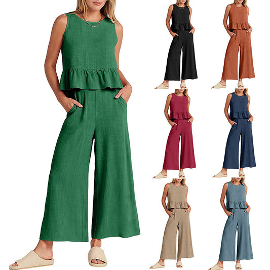 Women's Summer Sleeveless Pleated Wide Leg Cropped Suits