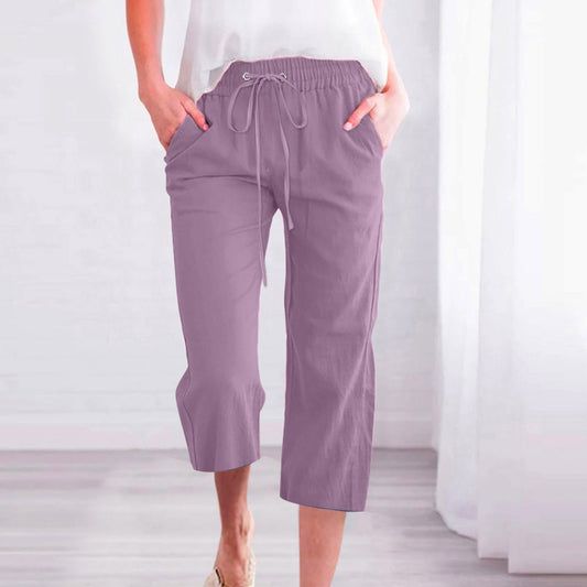 Pantalon décontracté ample en coton et lin pour femme avec poches droites