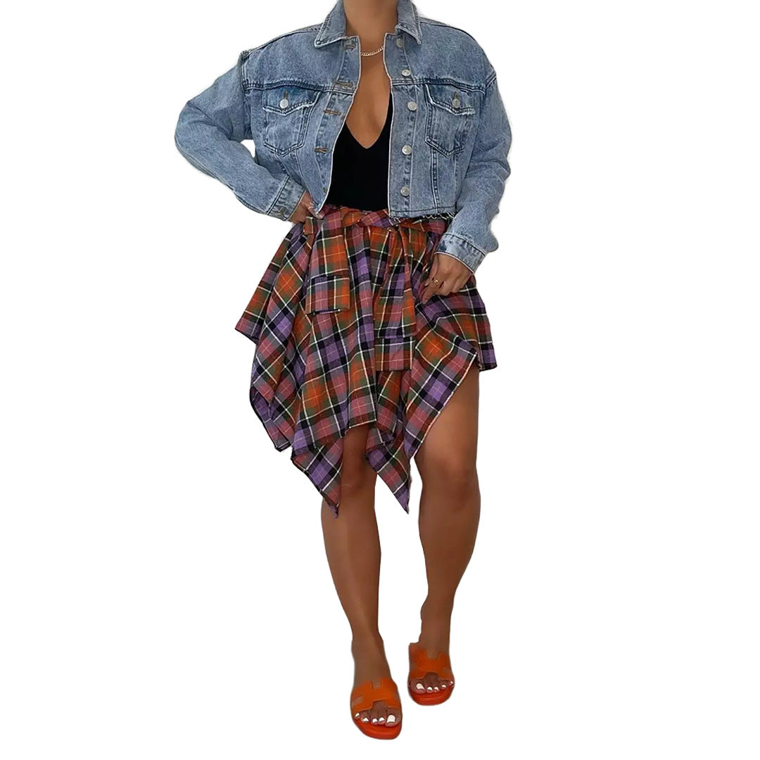 Women's Fashion Nightclub Irregular Plaid Tied Sleeve Skirts