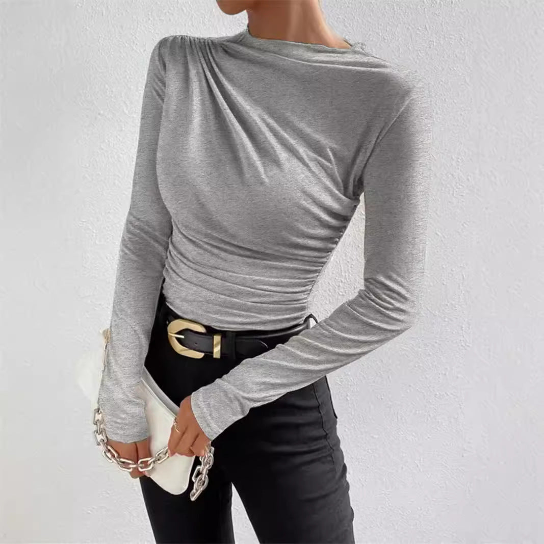 Women's Color Elegant Slim Fit Pleated Design Long-sleeved Blouses