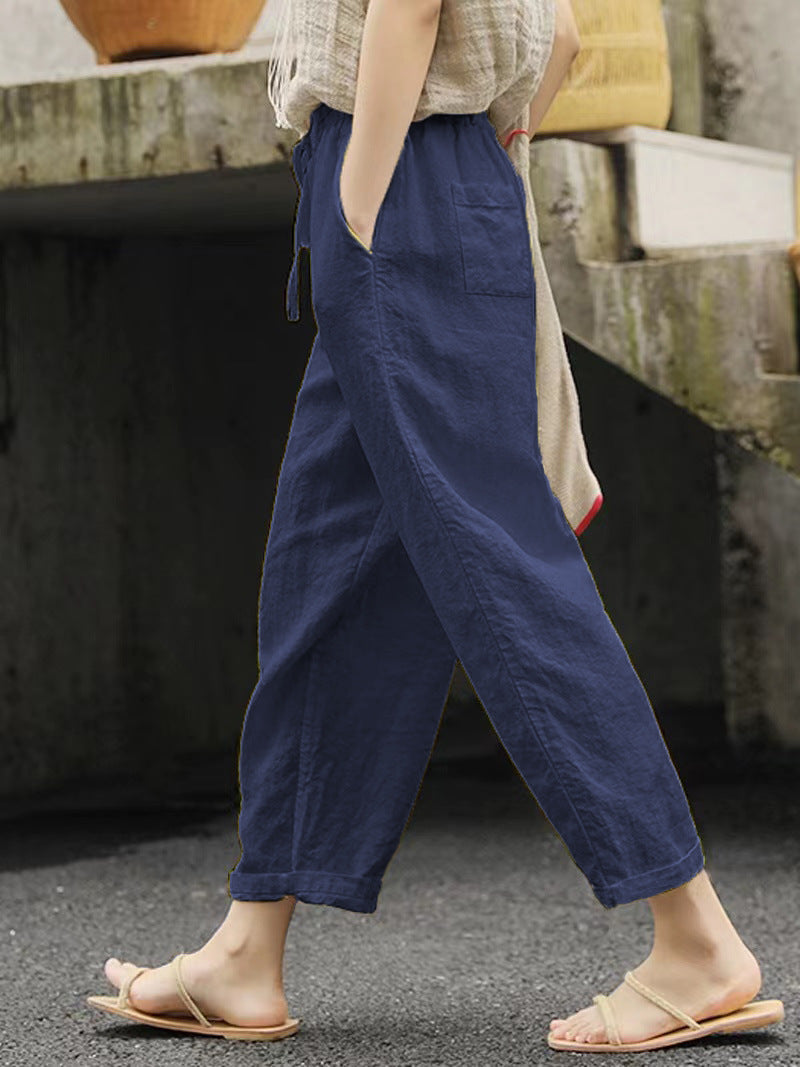 Autumn Cotton Linen Solid Color Pocket Drawstring Pants