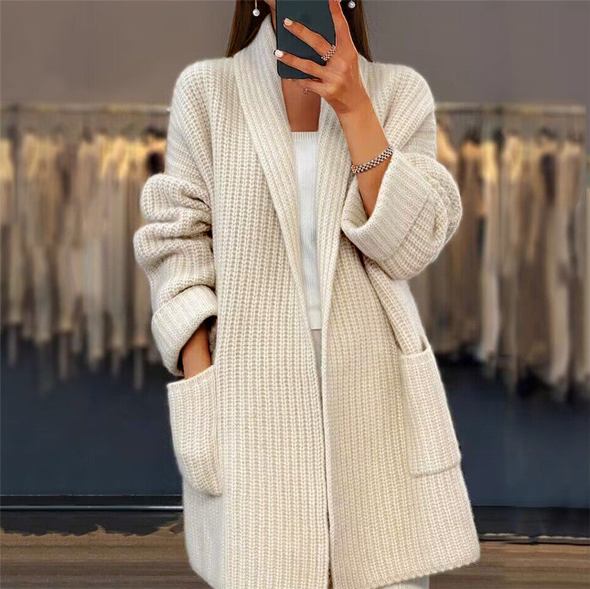 Women's Thickened Solid Color Knitted Loose Pockets Sweaters