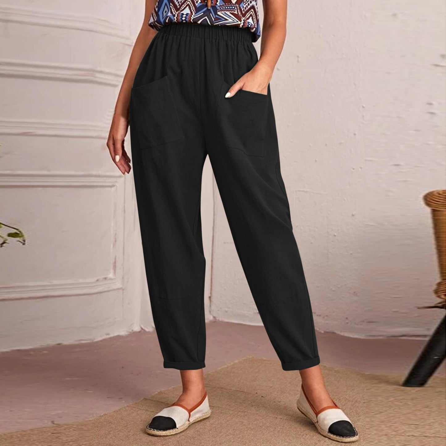 Pantalon en coton et lin à taille élastique pour femme avec poches diagonales