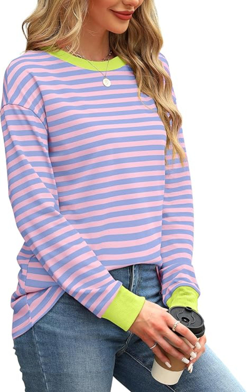 Women's Fashion Color Contrast Loose Round Neck Tops