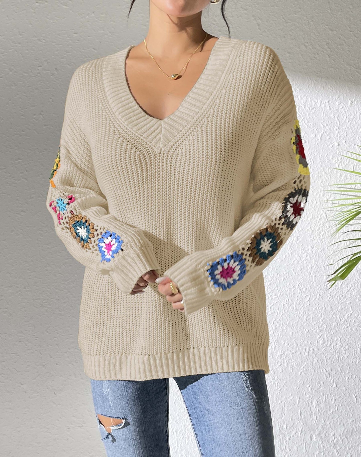 Women's Mixed Color Hand Hook Flower Stitching Sweaters