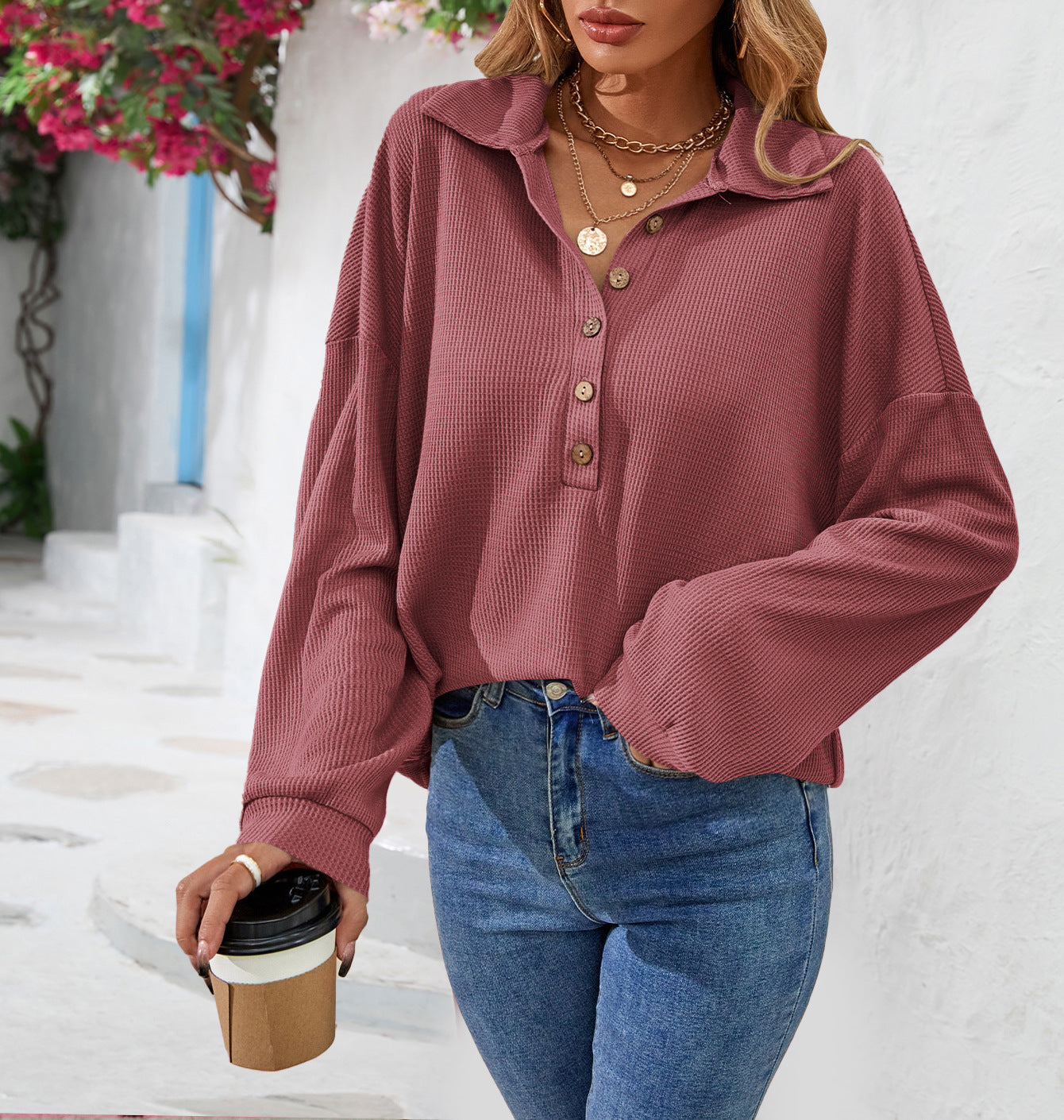 Women's Lapel Button Solid Color Long-sleeved T-shirt Blouses