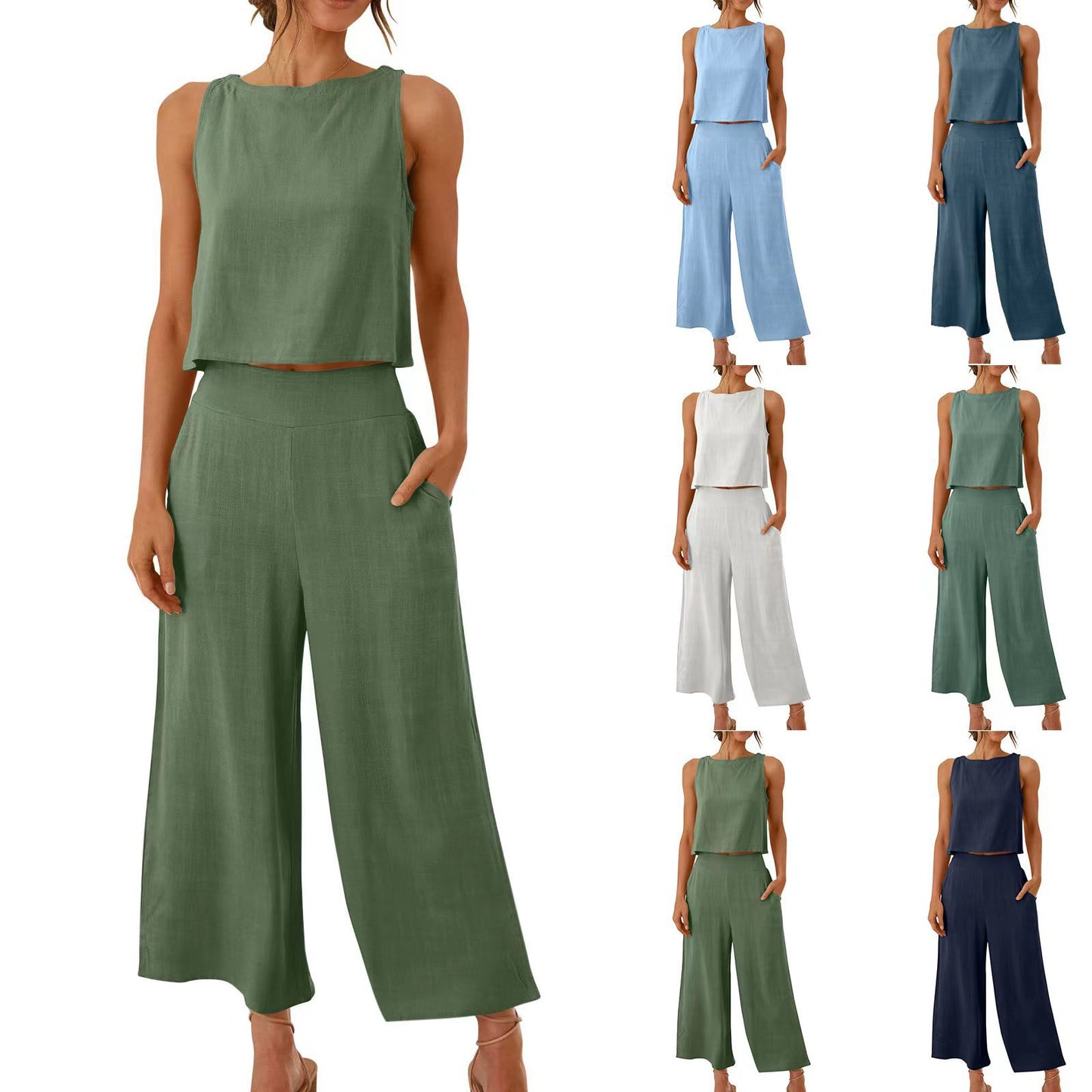 Women's Summer Sleeveless Cropped Pocket Button Suits