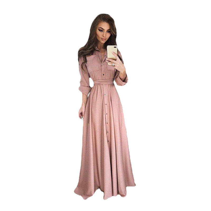 Women's Slim-fit Long-sleeved Button Self-tie 5-color 8-size Dresses