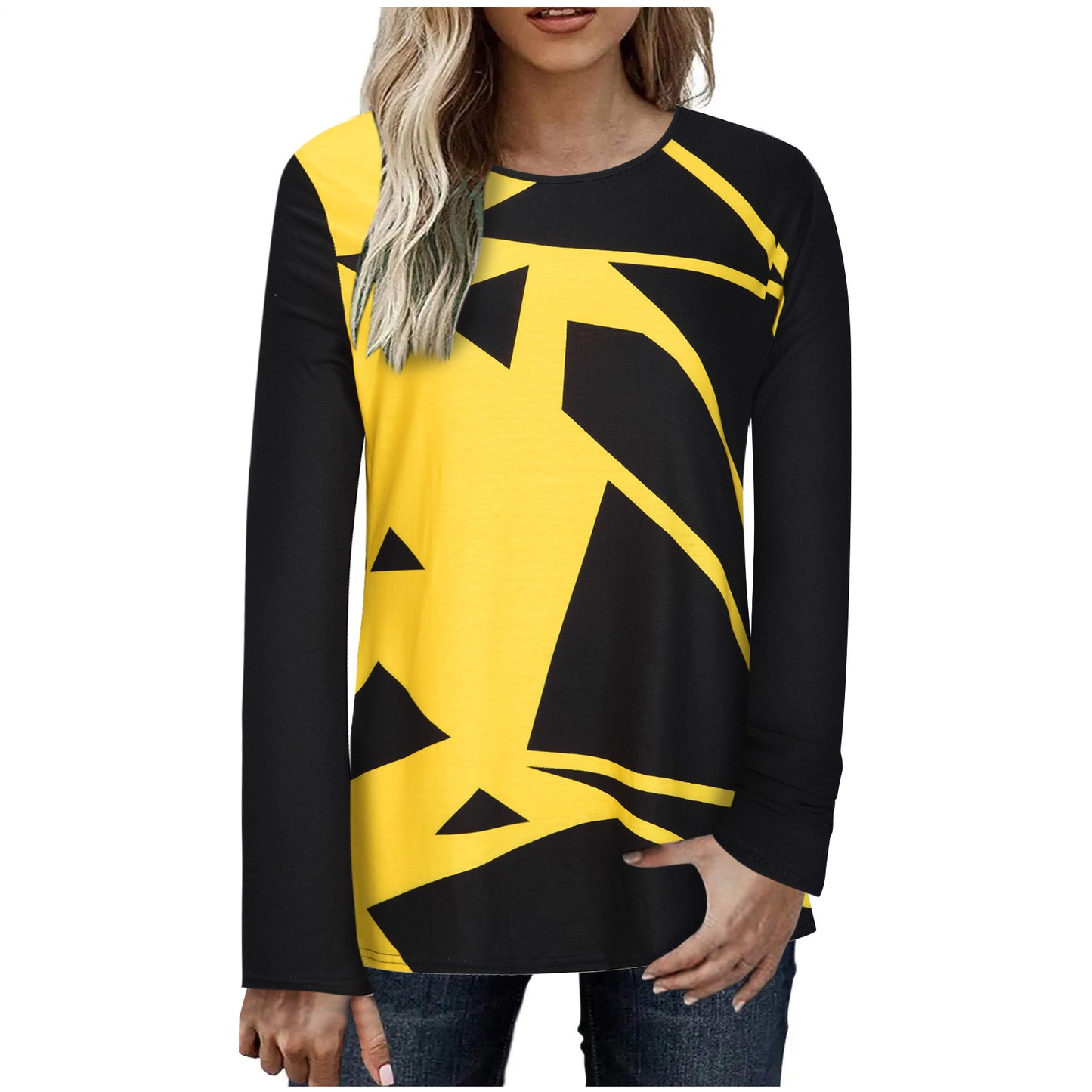 Women's Geometric Color Matching Long-sleeved T-shirt Blouses