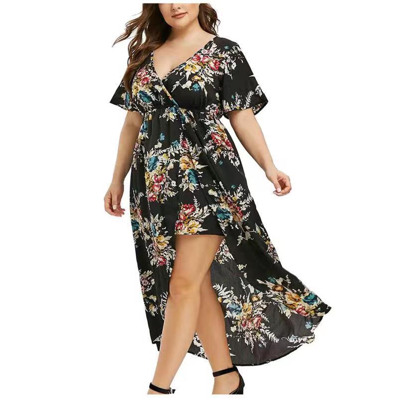 Summer Waist Trimming Printing Slit Hemline Dresses