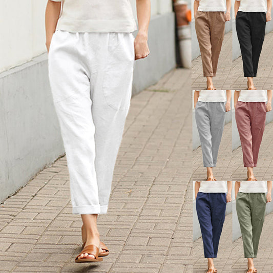 Pantalon décontracté en coton et lin pour femme, couleur unie, confortable