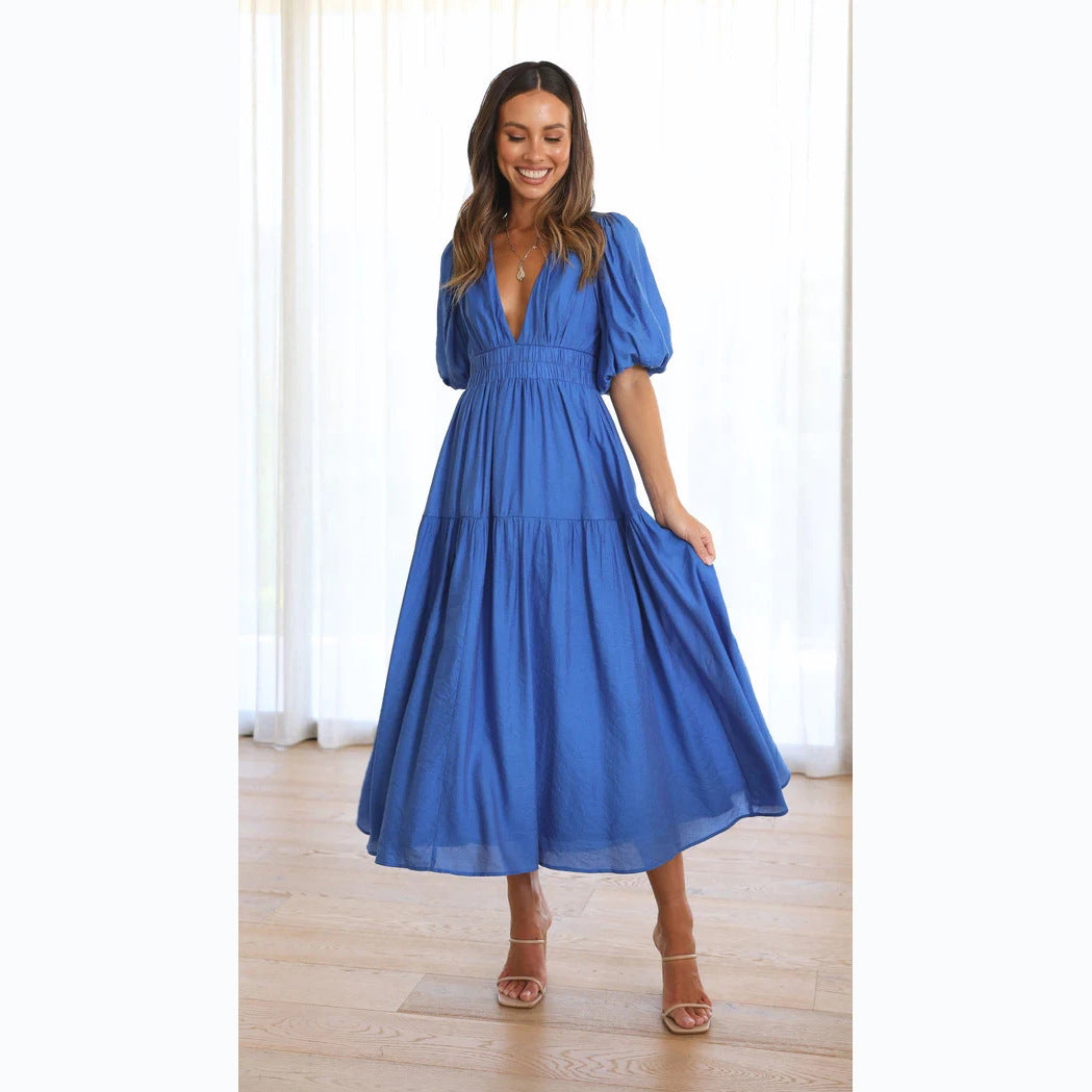 Trends Summer V-neck Tight Waist Mid-length Dresses