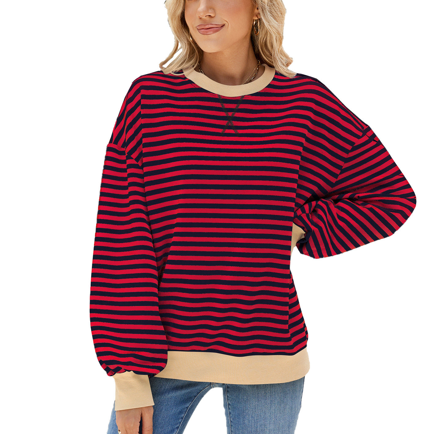 Women's Round Neck Contrast Color Loose Long Sweaters