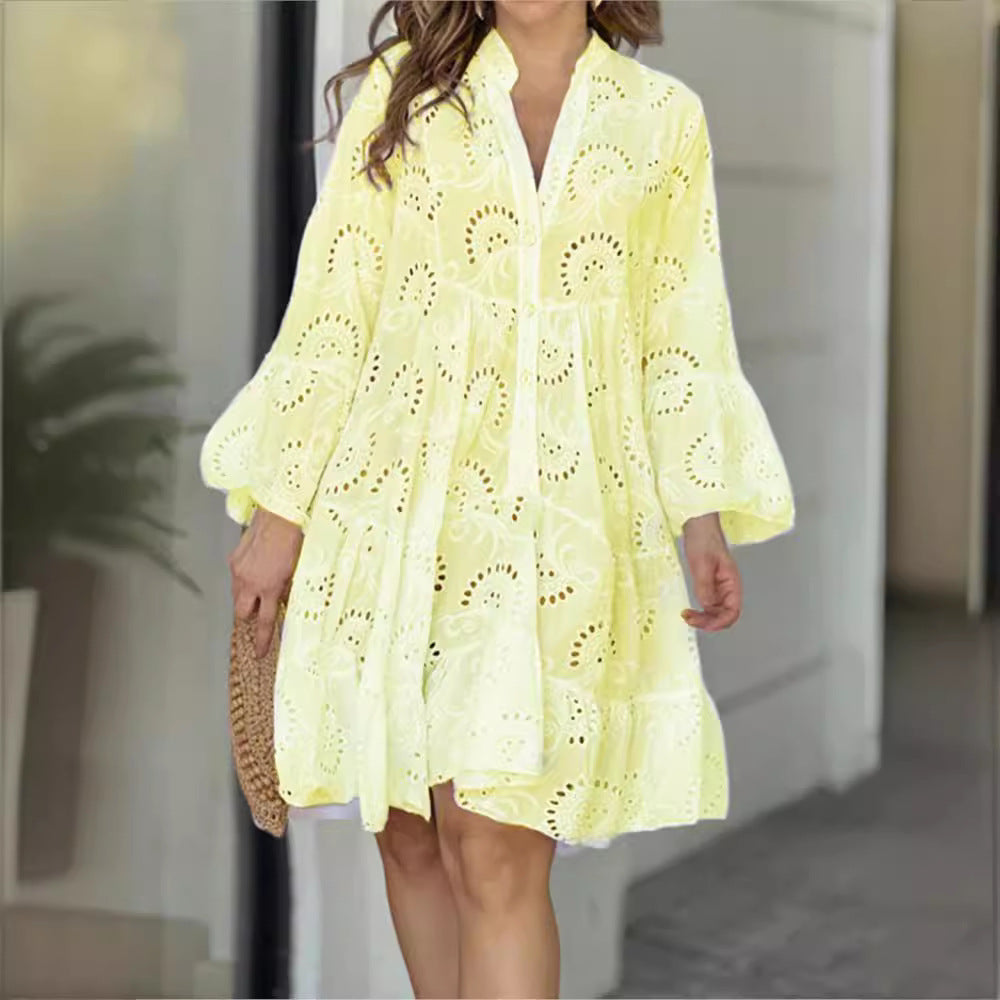 Solid Color Loose Embroidered Cutout Lace Dresses