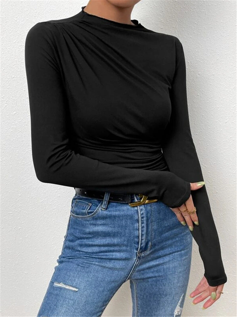 Women's Solid Color Bottoming Shirt Versatile Pleated Design Blouses