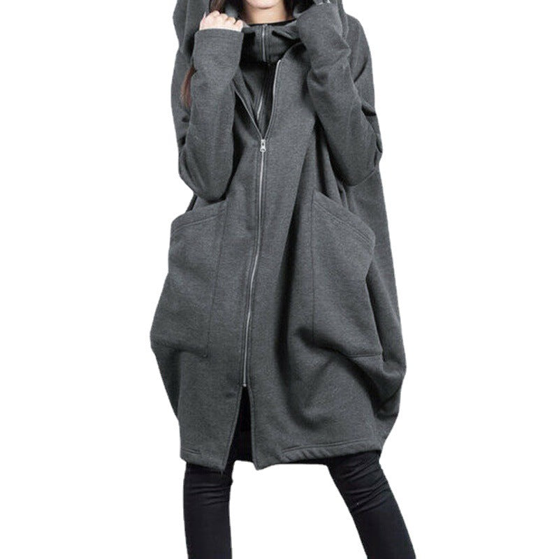 Women's Hooded Pocket Sweatshirt Zipper Mid-length Fake Sweaters