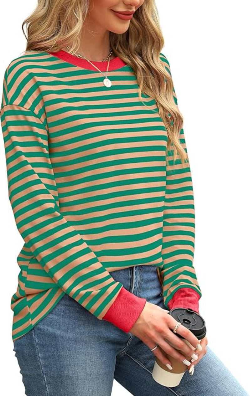 Women's Fashion Color Contrast Loose Round Neck Tops