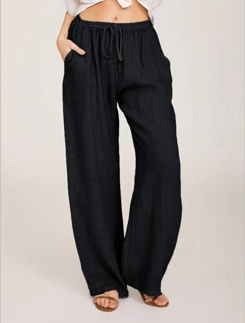 Pantalon décontracté ample en coton et lin pour femme