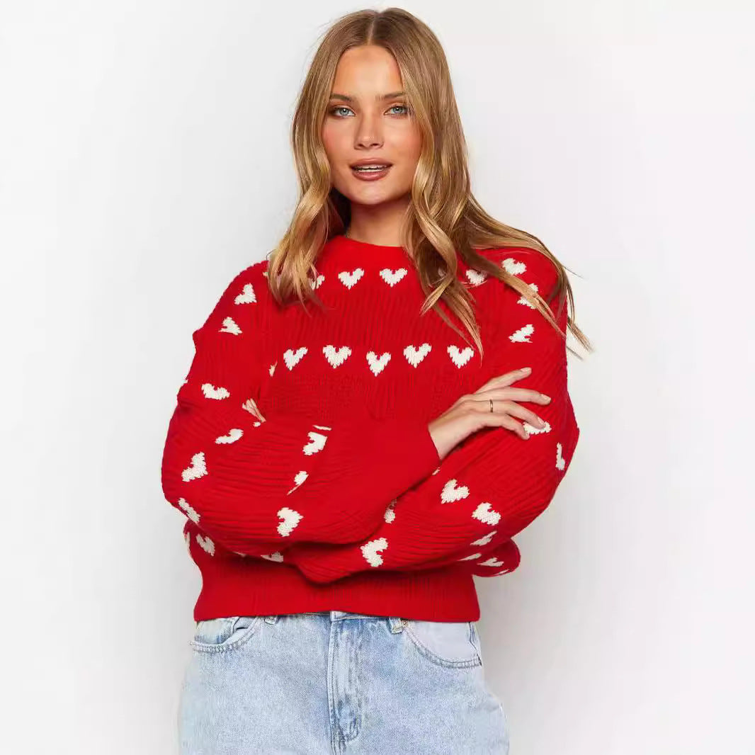 Cute Heart-shaped Two-tone Jacquard Contrast Color Sweaters