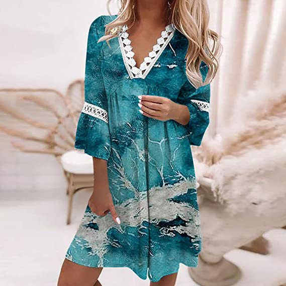 Spring V-neck Printed Lace Stitching Bohemian Casual Dresses