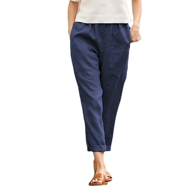 Pantalon décontracté en coton et lin pour femme, couleur unie, confortable