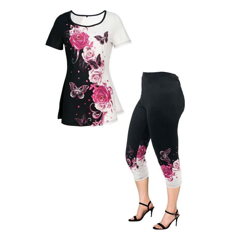 Women's Butterfly Floral Print T-shirt Skinny Fashion Suits