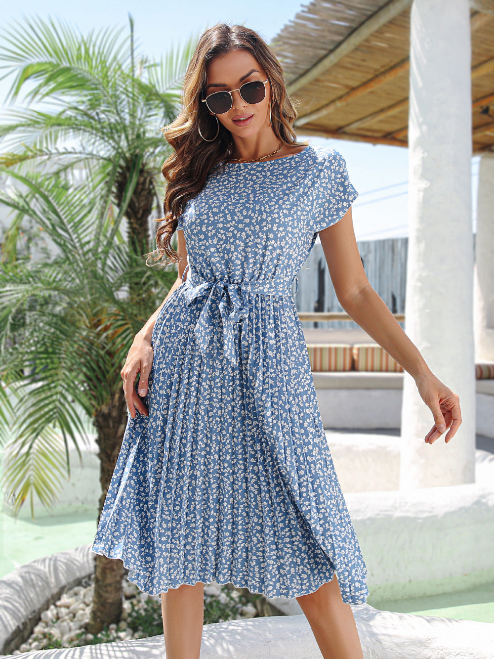 Summer Casual Sleeve Floral Dress Pleated Dresses