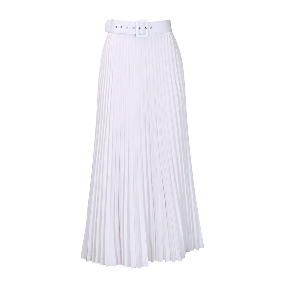 Women's High Waist Large Belt Mid-length Pleated Skirts