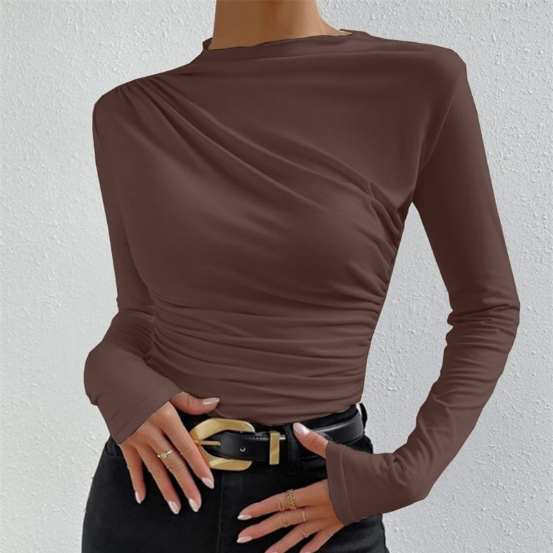 Women's Solid Color Bottoming Shirt Versatile Pleated Design Blouses