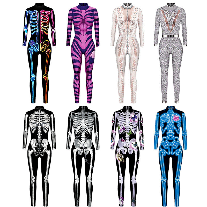 Women's Skeleton Digital Printing Halloween Tight Long Jumpsuits