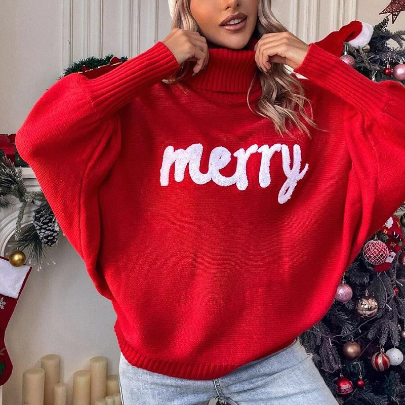 Women's Christmas Turtleneck Loose Batwing Sleeve Outer Sweaters