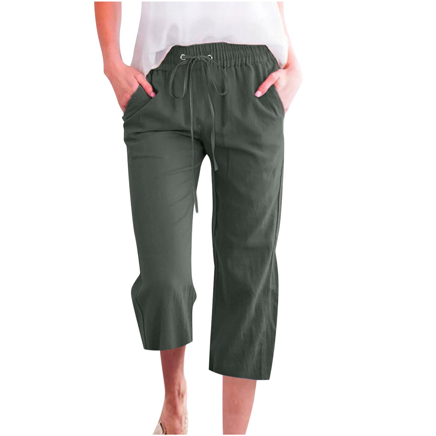 Pantalon décontracté ample en coton et lin pour femme avec poches droites