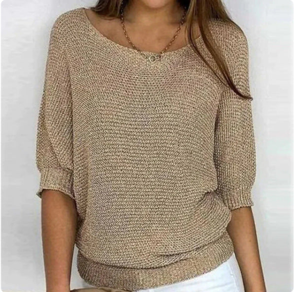 Women's Spring Solid Color Round Neck Commuter Elegant Cropped Sleeves Sweaters