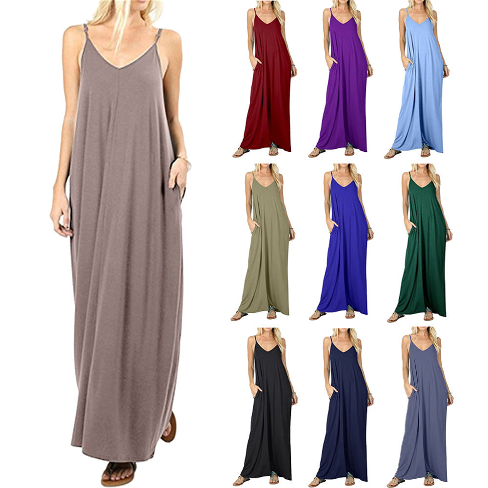 Women's Color Loose Pockets Long Sexy Sling Dresses