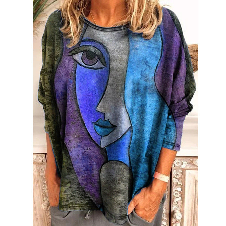 Women's Large Print Long Sleeve Loose T-shirt Blouses