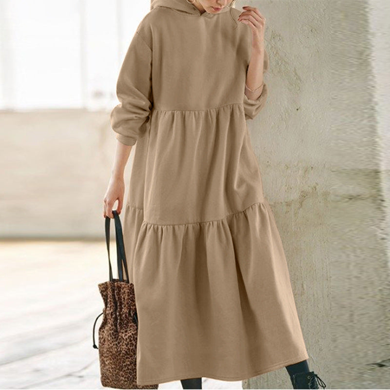 Robe longue à capuche de couleur unie pour femme, pulls rétro