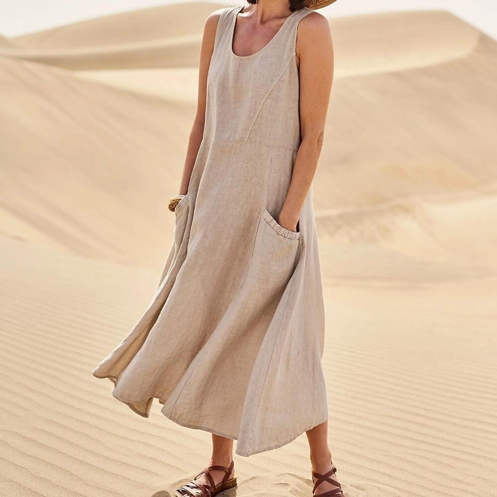 Women's Summer Pocket Sleeveless Round Neck Cotton Dresses