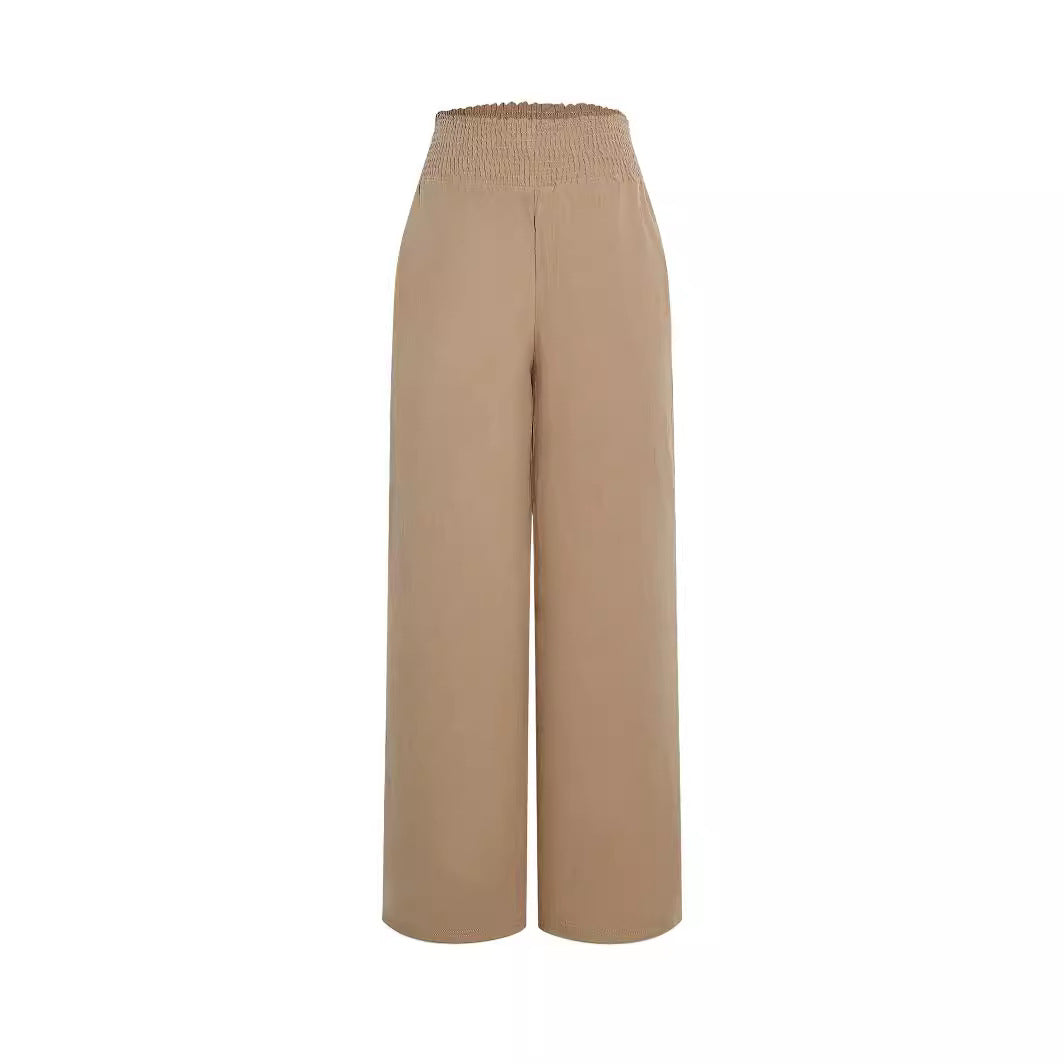 Pantalon large taille haute décontracté à smocks pour femme