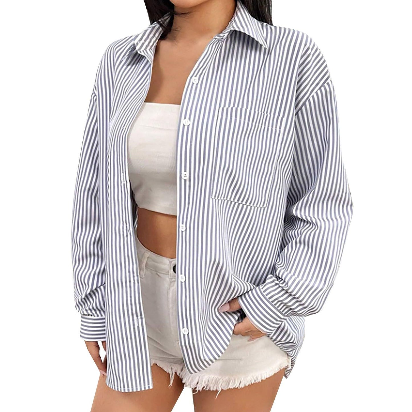 Women's With Pocket Loose Striped Classic Long Blouses