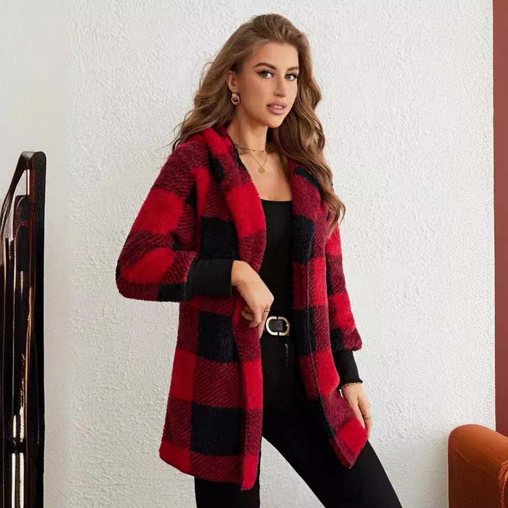 Women's Loose Plaid Color Stitching Knitted Fashion Coats