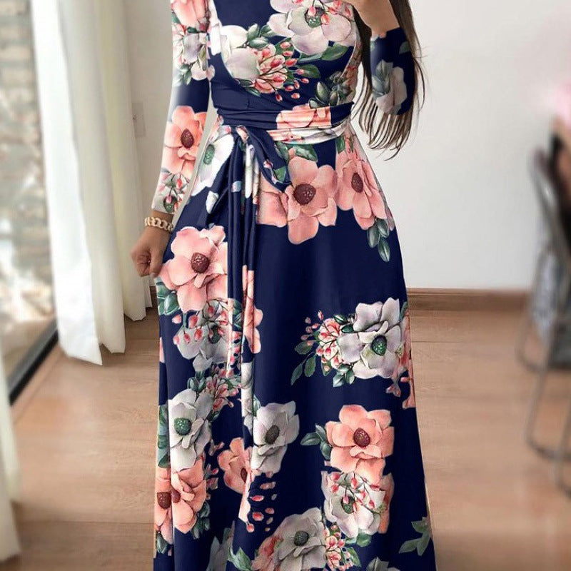 Women's Casual Printed Lace Up Maxi Dress Dresses