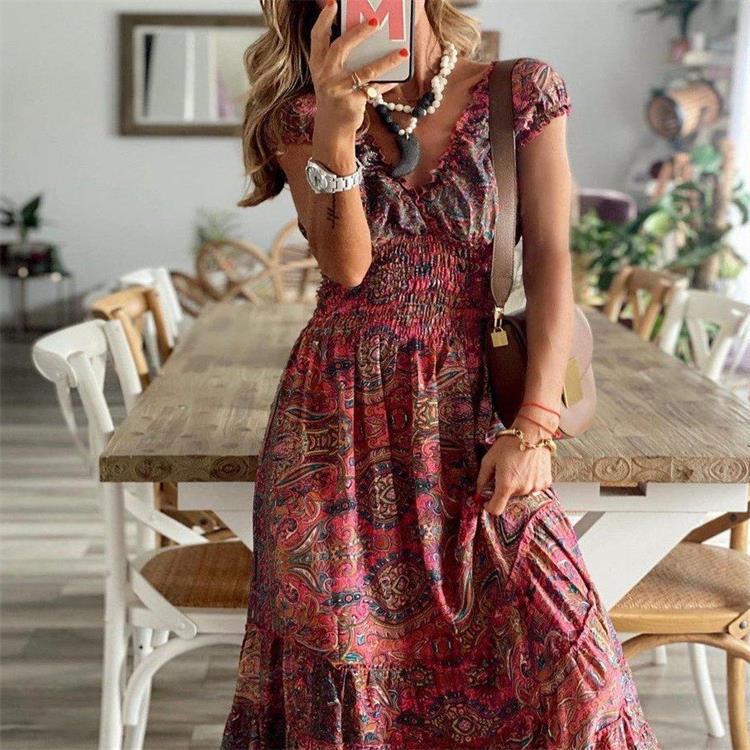 Long Dress Tight Waist Floral Print Dresses