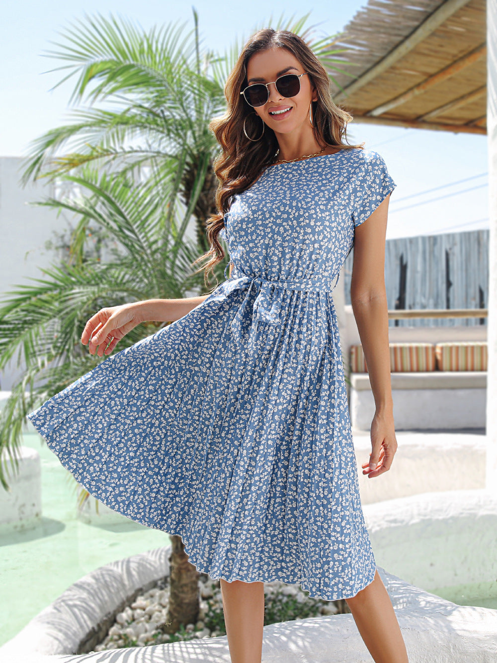 Summer Casual Sleeve Floral Dress Pleated Dresses