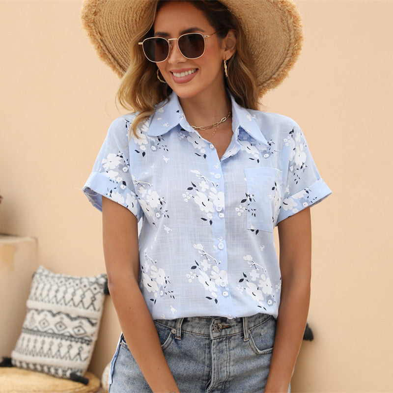 Women's Summer Printed Casual Loose Sleeves Linen Cotton Blouses