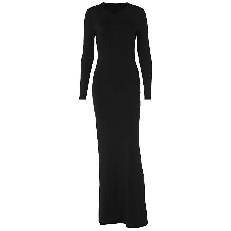 Women's Solid Color Round Neck Mid Waist Long Dresses