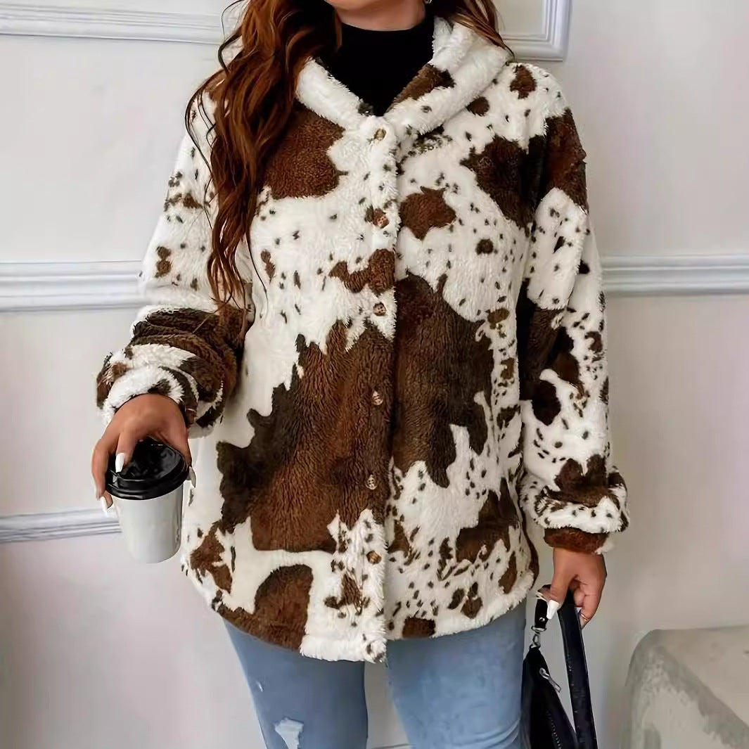 Women's Casual Fashion Plush Cow Print Zipper Sweaters