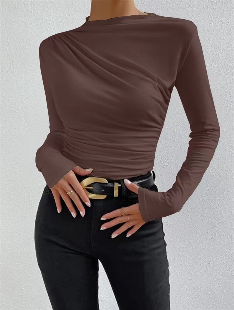 Women's Color Elegant Slim Fit Pleated Design Long-sleeved Blouses